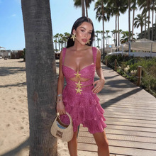 现货2026跨境亚马逊欧美秋冬装性感v领包臀不规则短裙亮片连衣裙