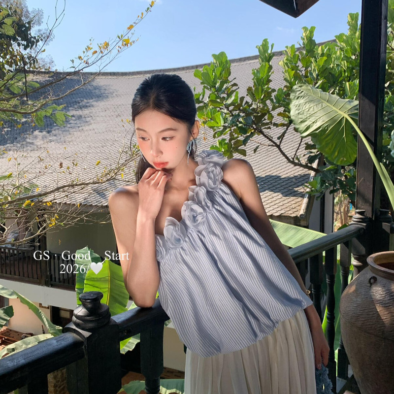 Gs.Good Start Spring/Summer Korean Style Gentle and Playful Age-Reducing Three-Dimensional Floral Striped Off-Shoulder Long Sleeve Blouse Gs.Good Start Spring/Summer Korean Style Gentle and Playful Age-Reducing Three-Dimensional Floral Striped Off-Shoulder Long Sleeve Blouse