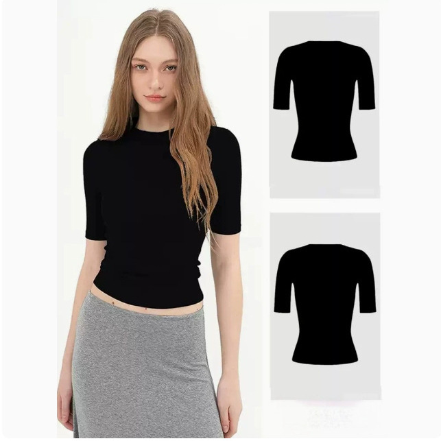 Elegant and stylish black slim-fit mid-sleeve T-shirt for women, autumn versatile slimming basic round-neck half-sleeve top Elegant and stylish black slim-fit mid-sleeve T-shirt for women, autumn versatile slimming basic round-neck half-sleeve top