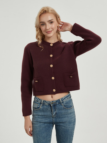 Amazon Cross-Border Women's Wholesale Fashion Gold-Button Knitted Sweater in European and American Style—24 Autumn Short Cardigan