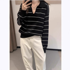 白色条纹Polo领针织衫女2025早秋新款设计感宽松慵懒打底套头毛衣