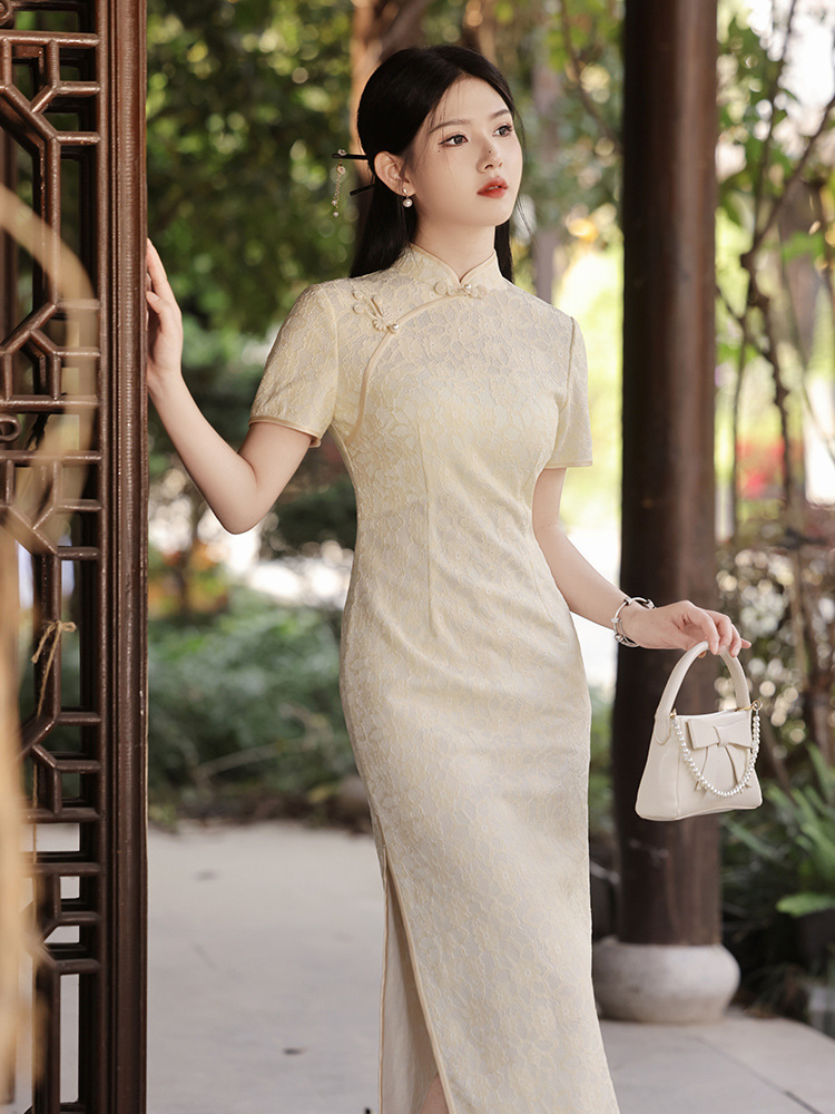 Apricot lace summer retro cheongsam