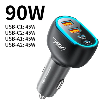 for Huawei, Apple, and Android – Mobil şarj cihazları - toocki-c47-series-2a2c-four-port-90w-car-charger-black-english-color-box