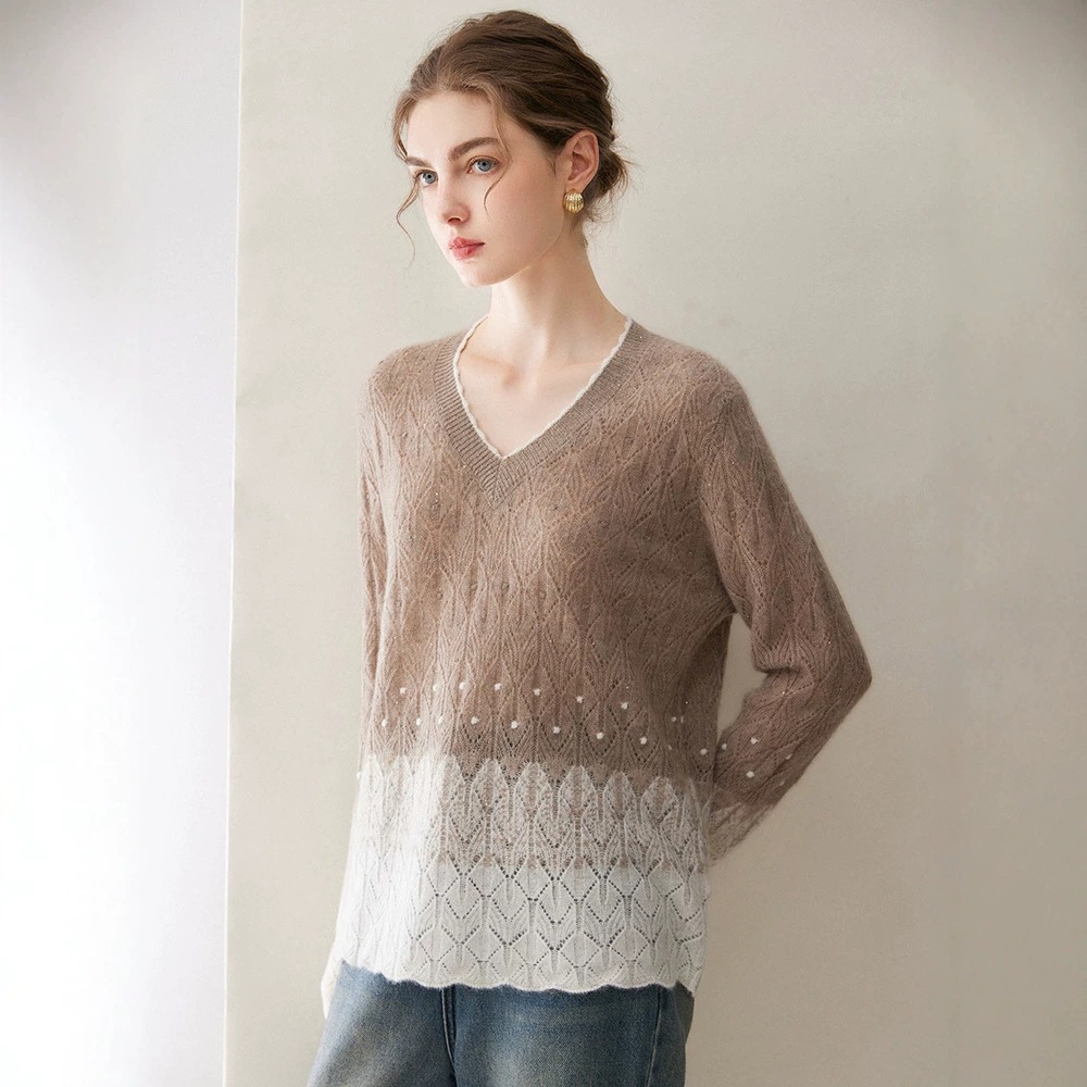 Consinee 100% Pure Cashmere Sweater for Women, Autumn/Winter Thin V-Neck Hollow-Out Knit Color Block Sweater, Loose Top