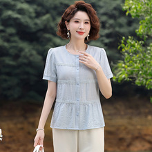 妈妈装洋气小衫雪纺衬衫+棉麻裤子套装时尚新款中老年休闲两件套
