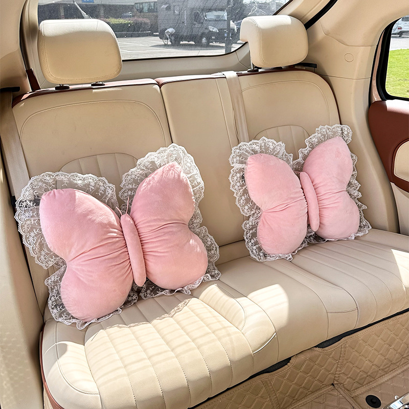 2026 New Car Accessories Plush Butterfly Headrest and Lumbar Support Pink Headrest and Lumbar Support
