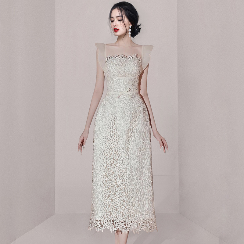 2025 Summer Korean Style Socialite Style Strapless Long Dress Princess Style Evening Dress with Heavy Lace