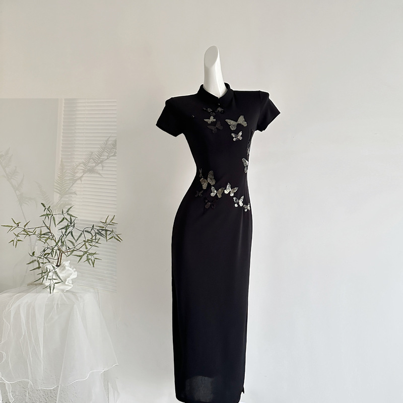『Xinxing』New Chinese Style National Style Butterfly Sequin Modified Cheongsam Dress for Women, Summer Waist-Cinching Long Dress 『Xinxing』New Chinese Style National Style Butterfly Sequin Modified Cheongsam Dress for Women, Summer Waist-Cinching Long Dress