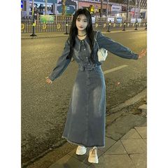 牛仔连衣裙全套娃娃领外套女神范时尚轻熟气质半身裙子秋季女装