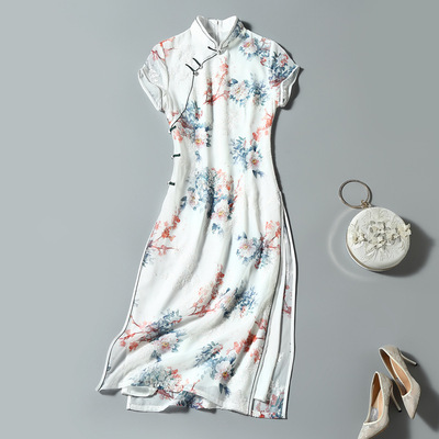 2021夏季新款小包袖高开叉修身旗袍裙雪纺印花绣花改良版连衣裙女|ms