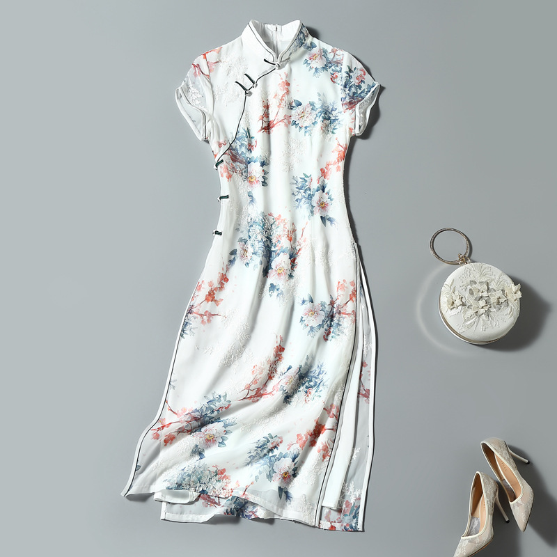 2021夏季新款小包袖高开叉修身旗袍裙雪纺印花绣花改良版连衣裙女|ms