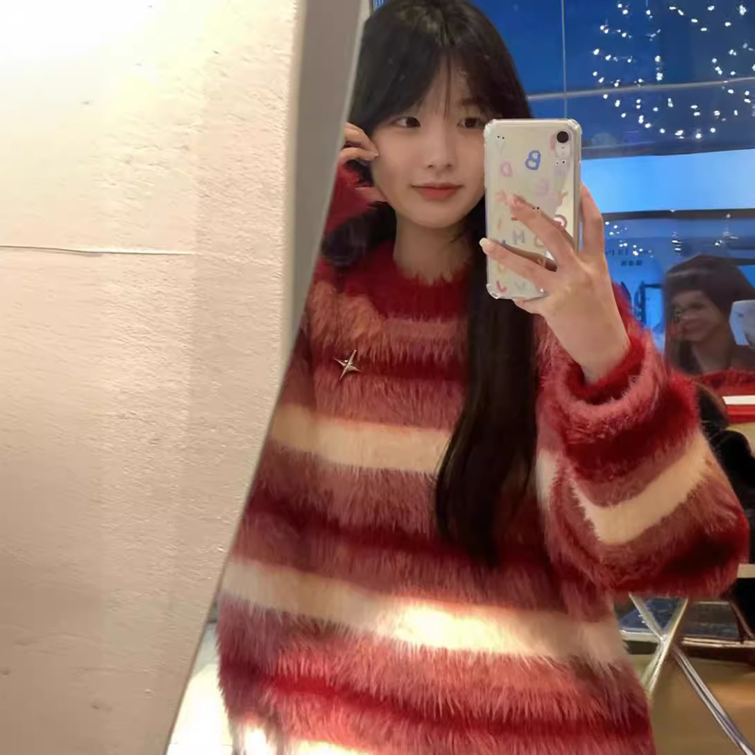 스웨터 커스텀 크리스마스 레드 스트라이프 자수 긴 벨벳 모조 밍크 울 풀오버 스웨터 브로치 니트 달콤한 귀여운