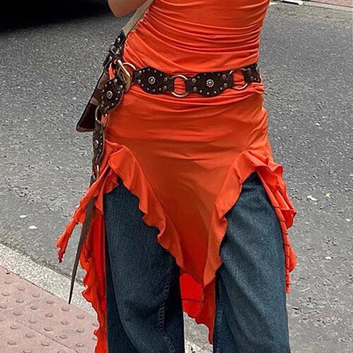 American western denim buckle leather belt female personality street hottie retro design fashion hollow belt
