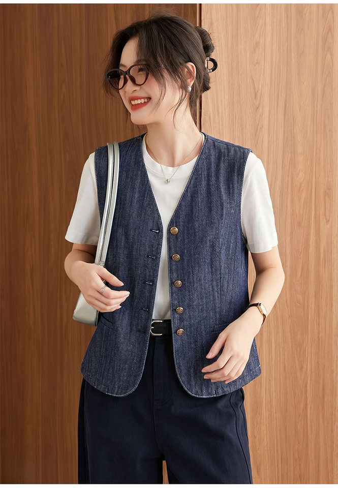 Áo vest denim nữ cổ chữ V phong cách retro, áo khoác mặc ngoài dáng suông dài 50–65 cm — Xanh cổ điển chi tiết 1