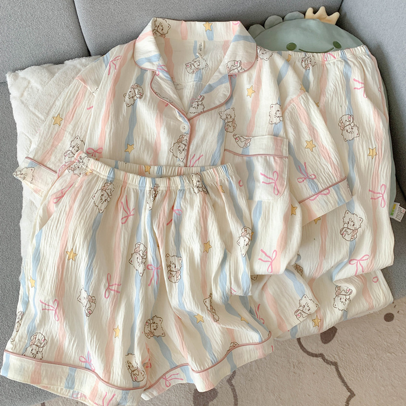 Pijamas de amor dulce de color, pantalones de manga corta de hilo de algodón de nube de verano para mujer, cárdigan de tres piezas, servicio a domicilio