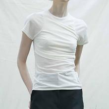夏季白色/黑色/粉紫色日本科技棉半透褶皱短袖T恤女小众设计感