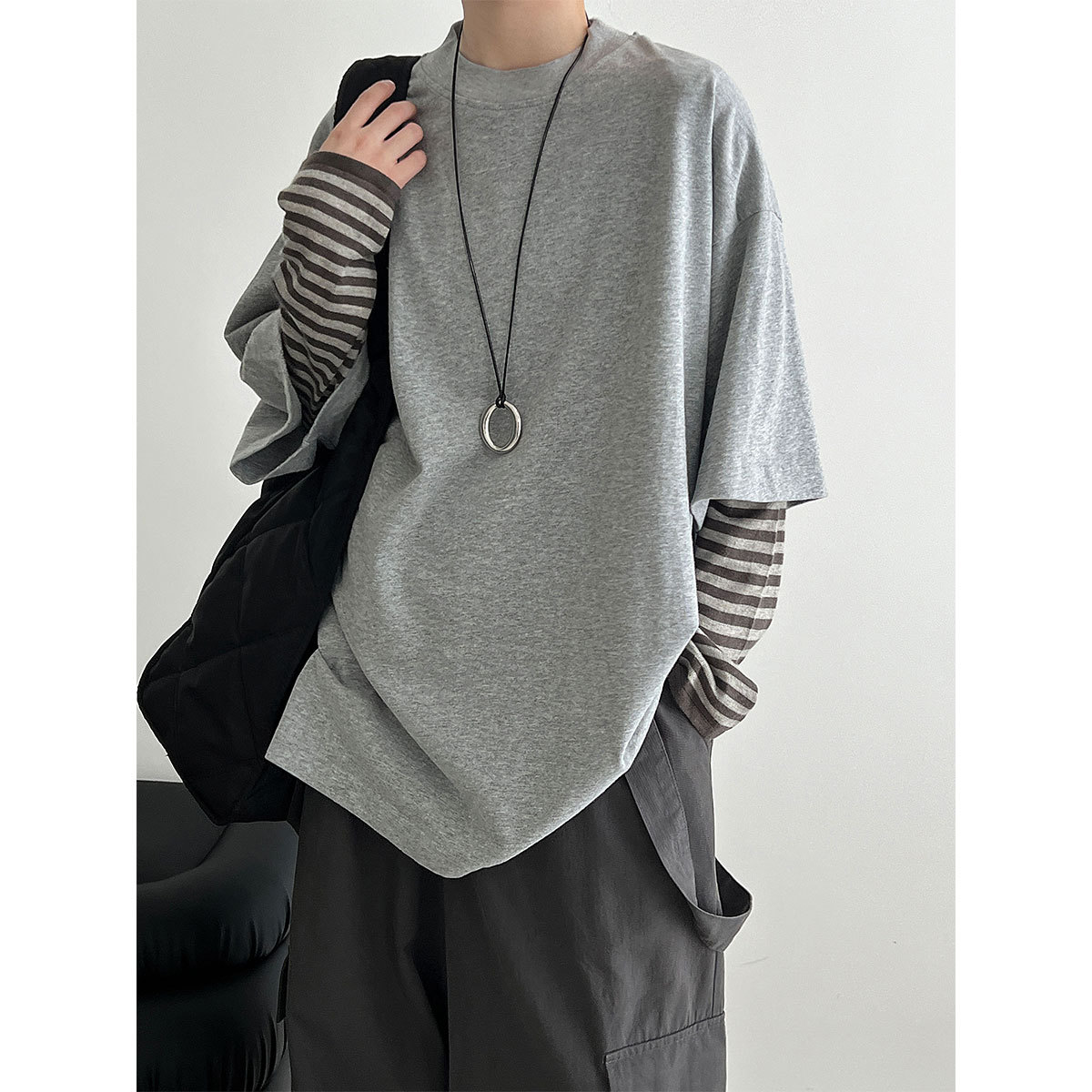 鹿西早秋打底衫~极简五分袖加绒磨毛T恤女廓形BF宽松短袖上衣2072