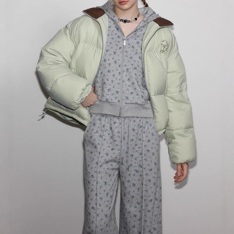 [Yutu Flowers] American Retro Gray Floral Bunny Ears Hooded Cardigan Sweatshirt Banana Pants Suit