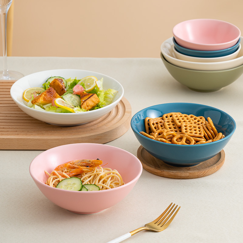 Simple Household Soup Bowl, Noodle Bowl, Petty Bourgeoisie Rice Bowl, Western Restaurant Salad Bowl, Solid Color Ceramic Bowl, Tableware Set Wholesale