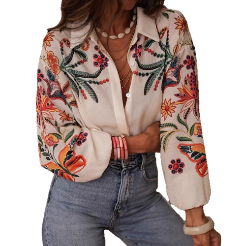 Women's Loose Long-Sleeve Digital Print Shirt Top - Spring/Summer 2025 European and American Style