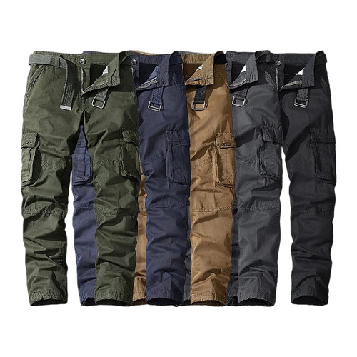 Straight hair men's pure cotton casual pants, wear-resistant, small feet, multi-pocket men's pants, slim fit overalls, men