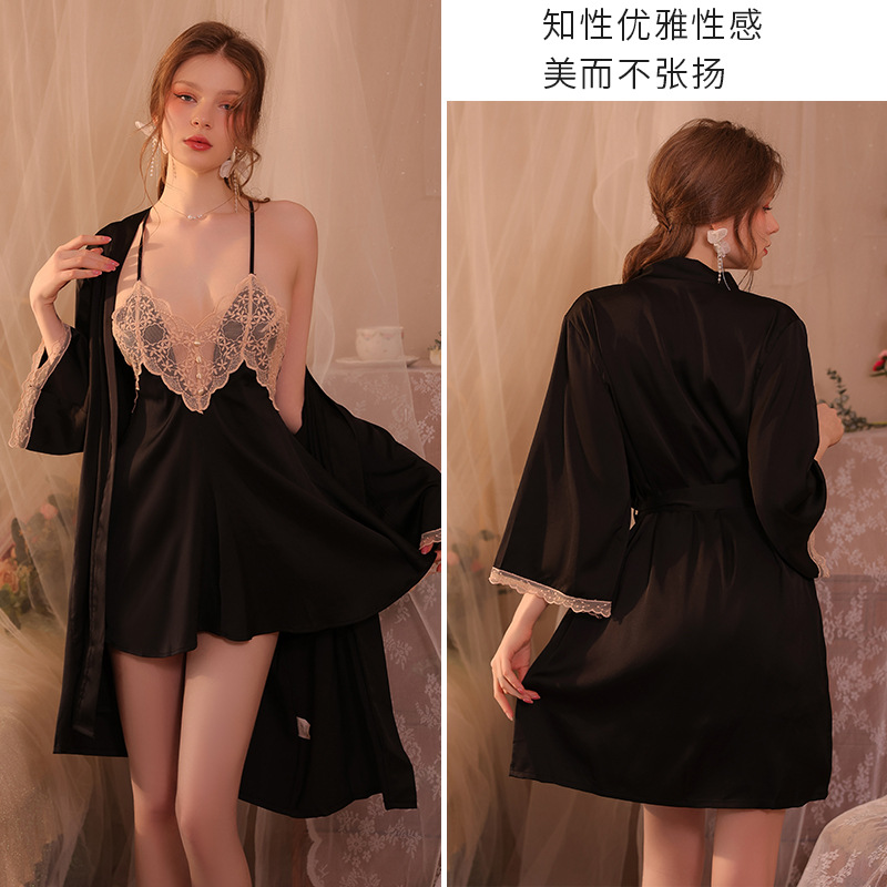 Conjunto de pijama sexy, vestido de tirantes sin espalda de seda helada transparente, ropa de estar por casa, disponible para dropshipping A123, estilo suave y relajado.