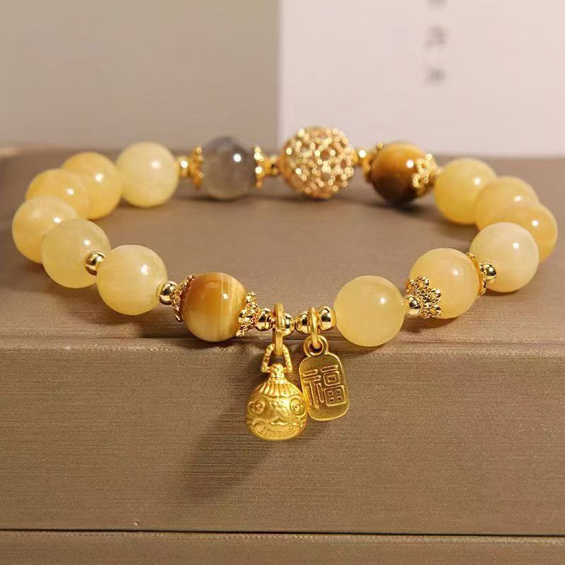 Natural Topaz Crystal Grey Moonlight Bracelet Women's New Chinese Style Retro Gold Swallowing Beast Exquisite Ball Bracelet Gift for Girlfriend