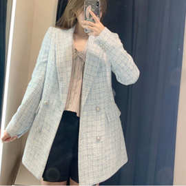 速卖通秋季新款欧美女装粗花呢口袋装饰复古感长袖西装外套