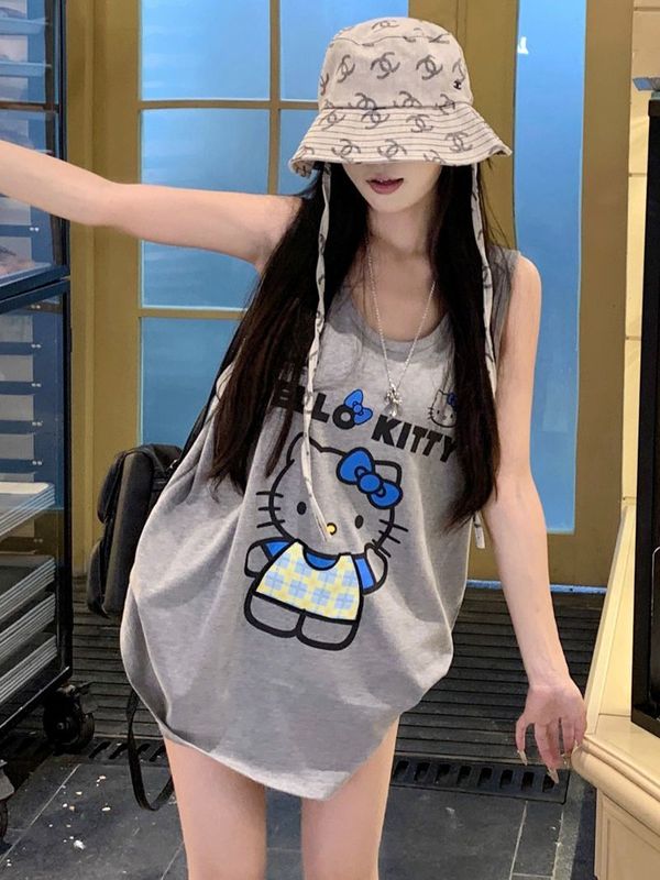 アメリカンレトロキティ猫プリントベスト Tシャツレディース夏の新しいルーズトレンディブランドホットガールノースリーブトップトレンディ|undefined