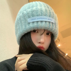 蓝色羊毛针织毛线帽子女冬季宽松显脸小保暖护耳针织冷帽大头围