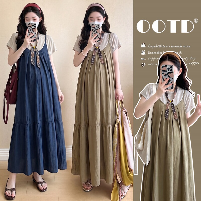 Korean-Style Casual Maternity Camisole Dress + Short-Sleeve Inner Wear Two-Piece Set, Thin, Breathable, Comfortable, Includes a Silk Scarf