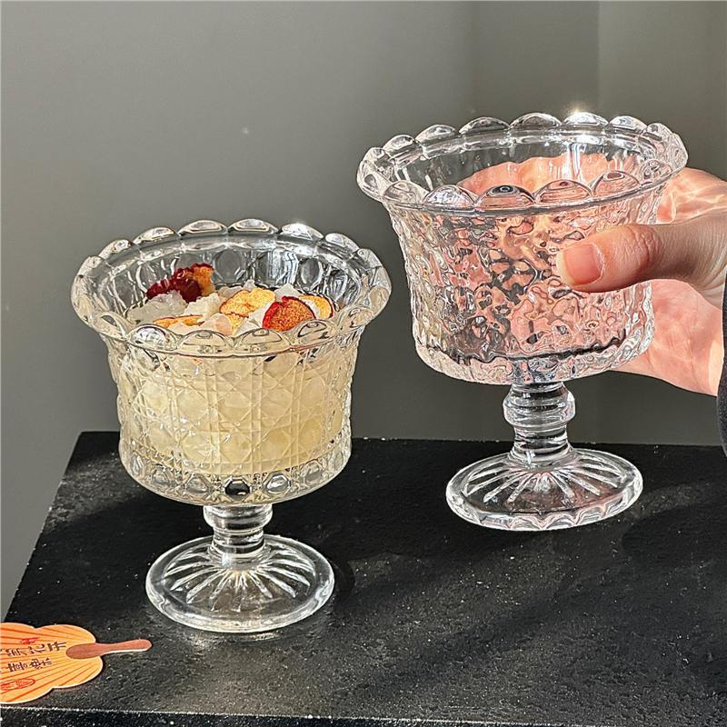 French-style romantic vintage embossed champagne glass, high aesthetic appeal, mid-century retro wine glass, red wine tall stem dessert glass