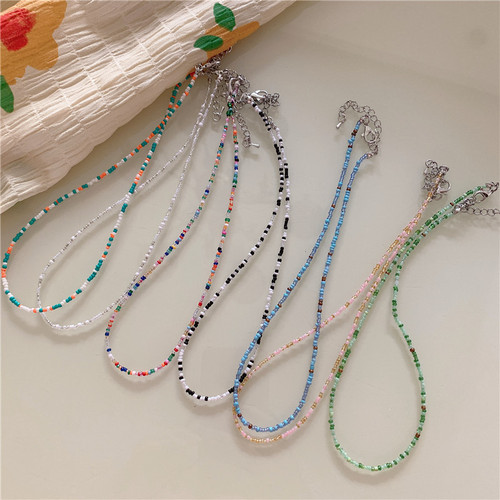 Korean retro colored beaded rice bead necklace girl-style rainbow rice bead necklace bohemian color necklace