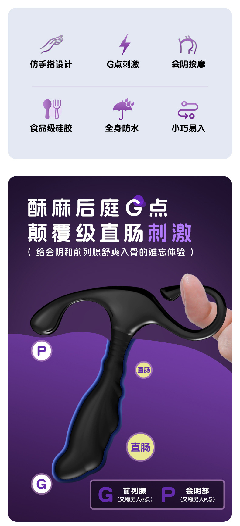 GL-2-2003 Silicone Prostate Massager, Manual Anal Plug, Black — detail image 2