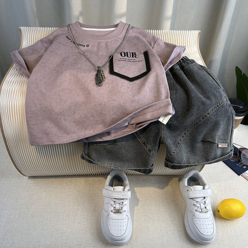 Children's Summer Suit 2025 New Stylish Short-Sleeve Work Pants Two-Piece Set Baby Summer Clothing Thin Clothes