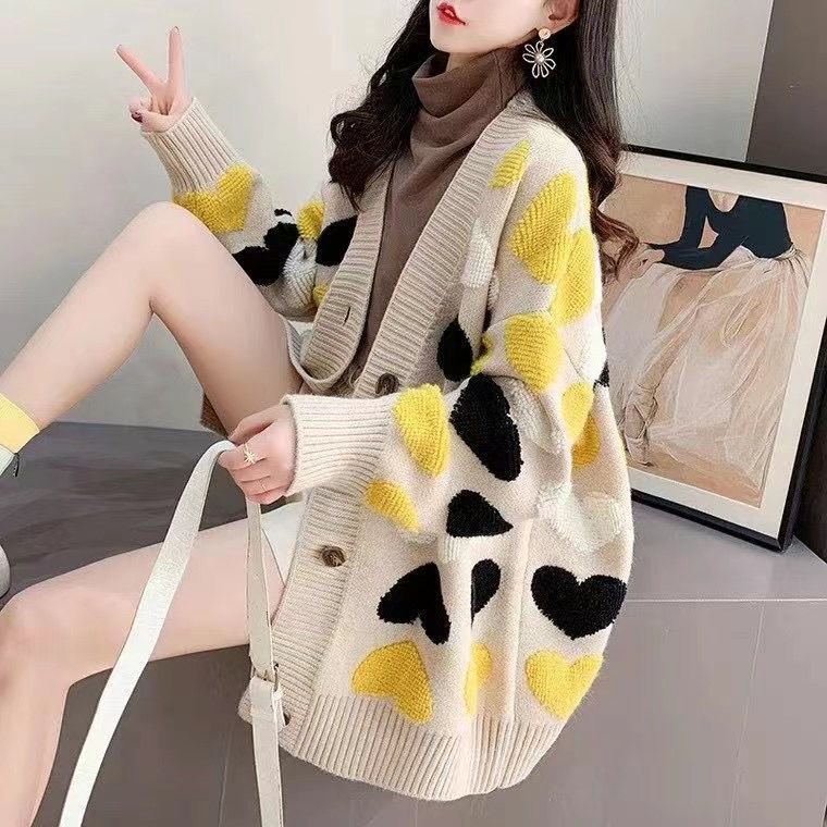 Loose Lazy Style Sweater Jacket for Women in Autumn and Winter Thickened New Korean Style Cute Versatile Mid-Length Knitted Cardigan for Women