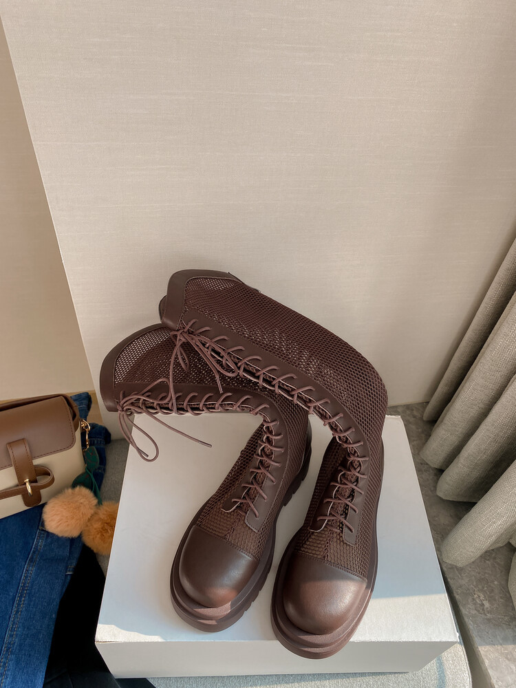 Boot lưới da thật cổ cao đế dày thoáng khí mùa xuân hè phong cách kỵ sĩ buộc dây — Màu nâu ống lớn, Màu đen cổ ống lớn, Ống nhỏ màu đen, Ống nhỏ màu be chi tiết 20