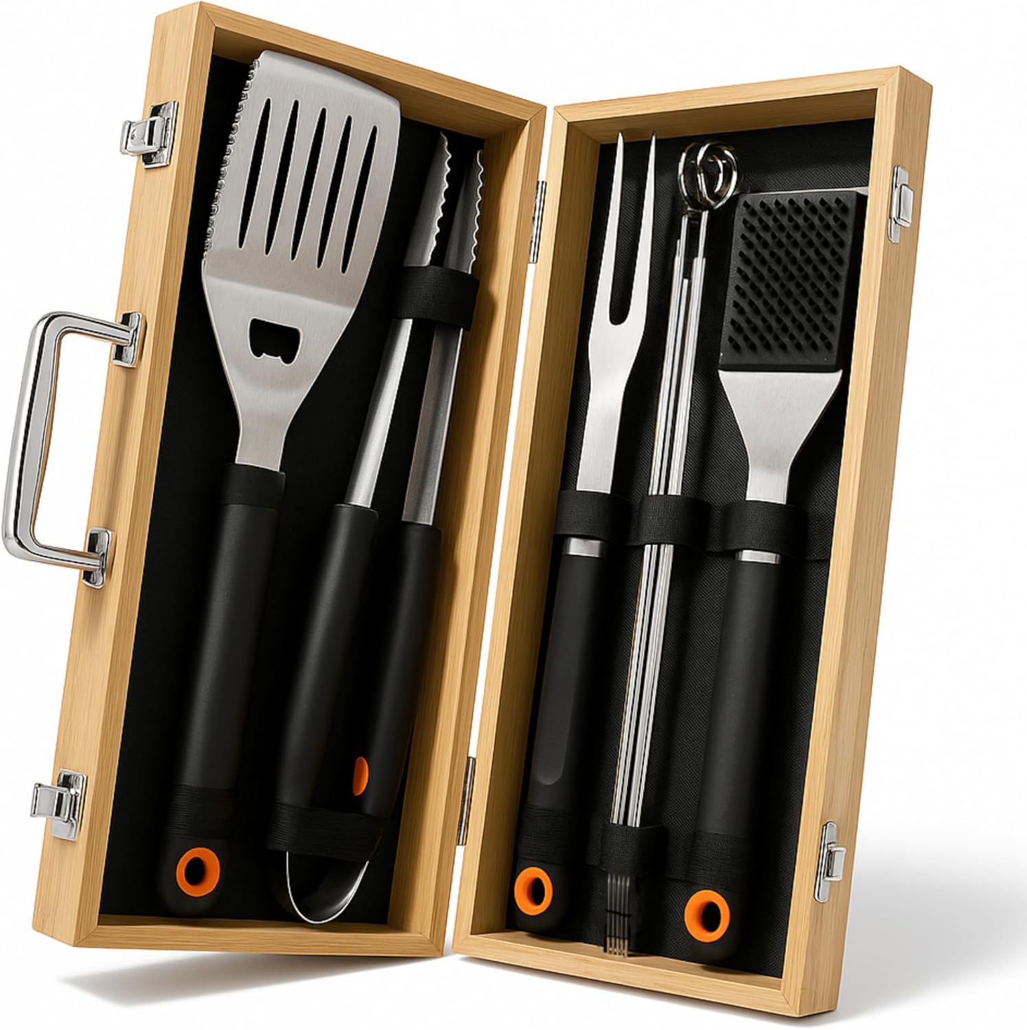 Amazon Venta caliente de acero inoxidable para hornear juego de barbacoa al aire libre BBQ mango de plástico caja de madera herramienta de barbacoa combinación