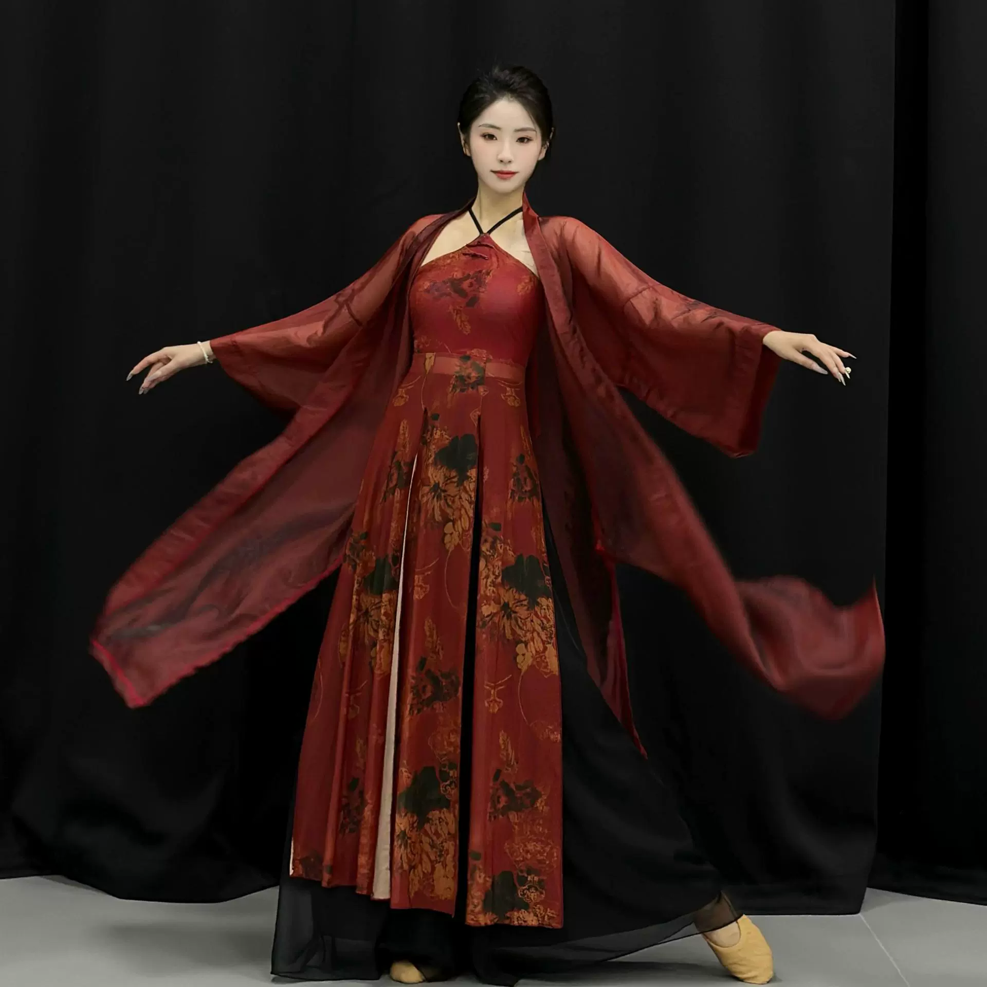 Одежда для джазовых танцев в древнем стиле, красная марлевая одежда для классических танцев, элегантная и свободная женская одежда для выступлений, кардиган, чонсам с ремешками в стиле ретро.