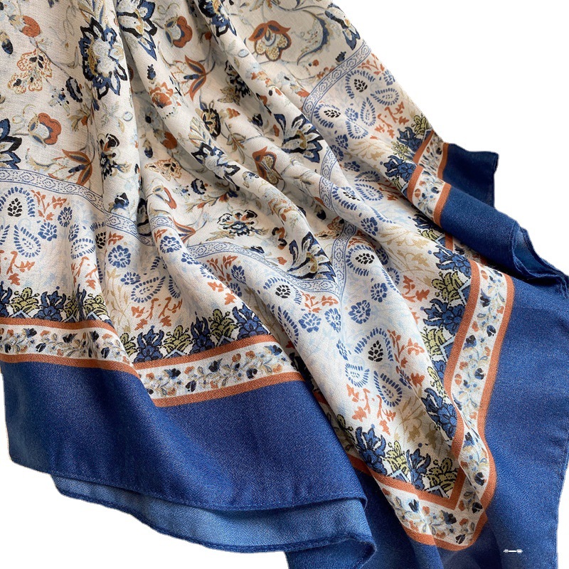 Nueva planta flor impresión decorativa de algodón y lino mano-sensación bufanda cuadrada grande playa protector solar bufanda de seda 135*135cm