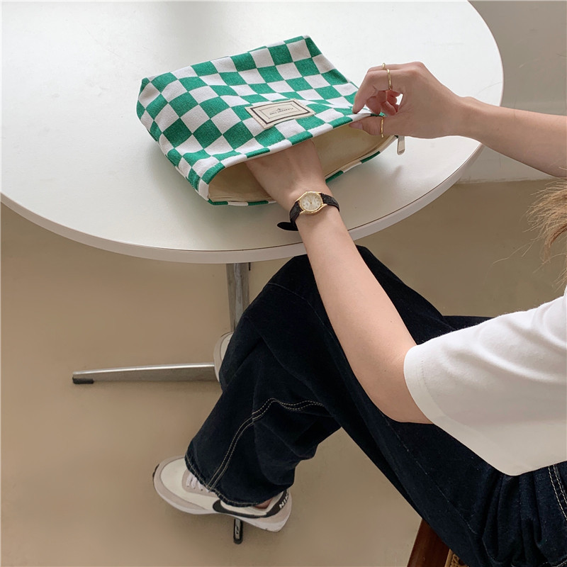 【 In Stock 】18181 checkerboard green checkered canvas bag, school-style commuter single-shoulder bag, retro hand-held tote bag undefined