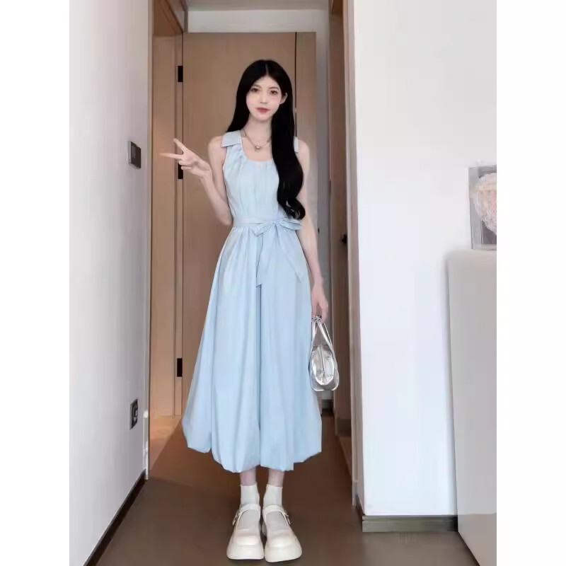 2025 夏の新しい人気のシックでユニークなプリーツフラワーミッドレングススカートデザインニッチベストドレス女性のための|undefined