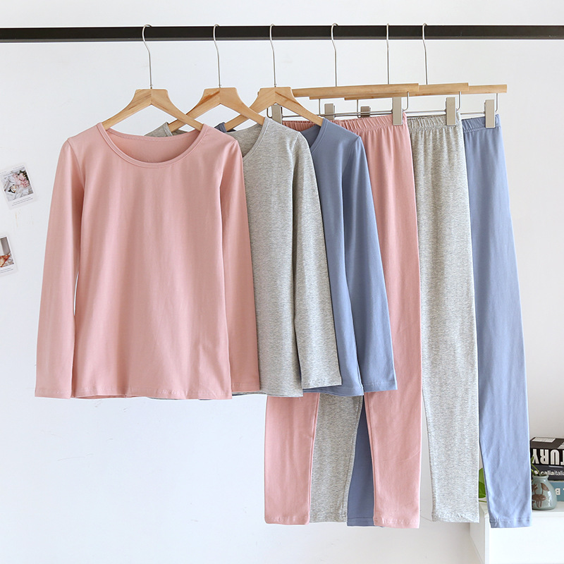 Women's Spring and Autumn Solid Color Pure Cotton Thin Thermal Underwear Set, Round Neck, Breathable and Stretchy, Spring and Autumn Style