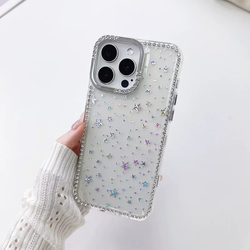 Чехол для Apple iPhone 17 (совместимый) — прозрачный с бриллиантовой рамкой и лазерным звездным блеском, лёгкая роскошь