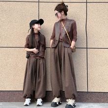 炸街亲子装母女装春秋宽松套装洋气马甲打底衫T恤格子裤三件套潮
