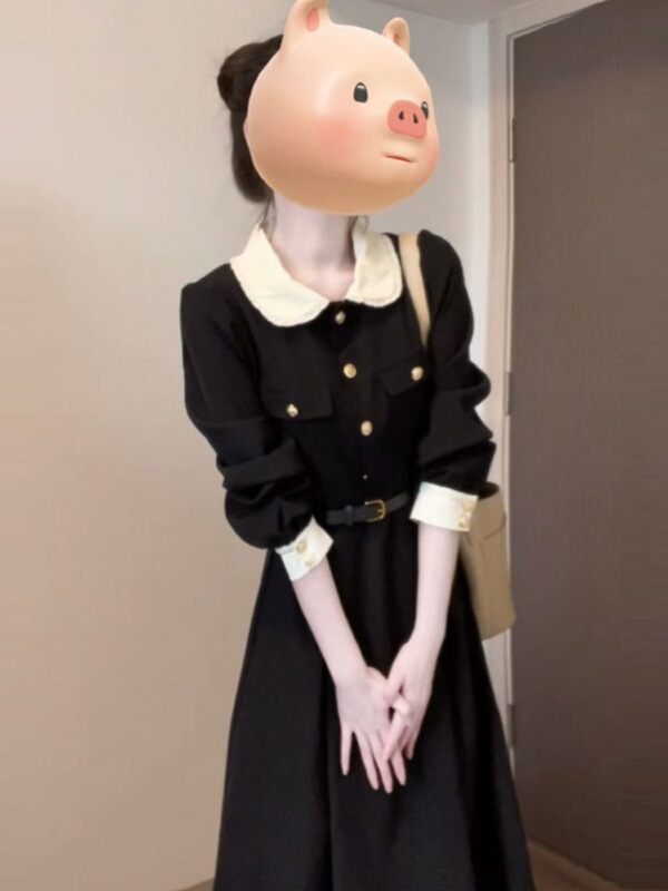 Stunning Early Autumn Waist-Cinching Tie Dress French Hepburn Style Color-Blocked Doll Collar Petite Elegant Long Dress Stunning Early Autumn Waist-Cinching Tie Dress French Hepburn Style Color-Blocked Doll Collar Petite Elegant Long Dress