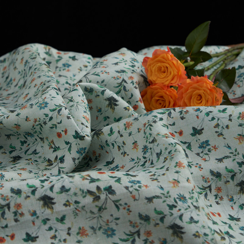 【篱】田园植物花卉纯亚麻数码印花春秋砂洗麻料裙袍衬衫服装面料