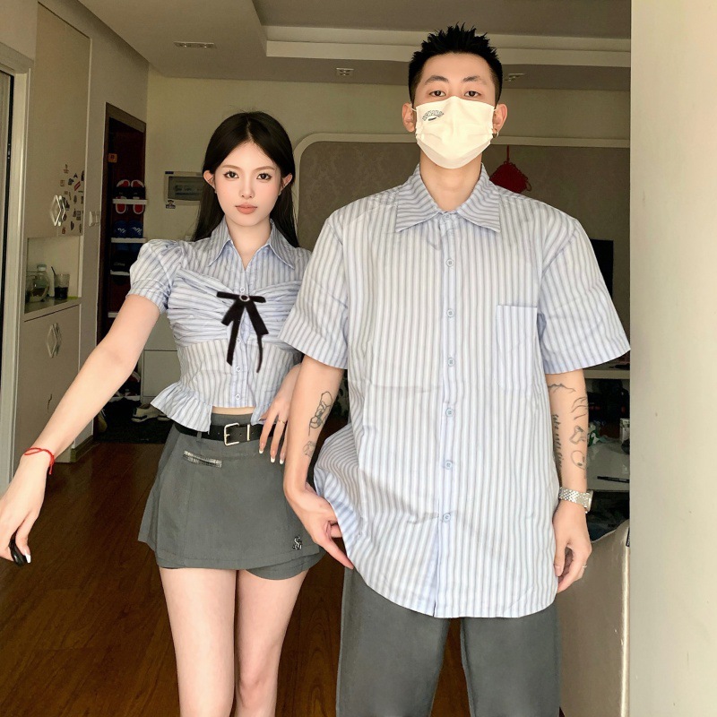 2023 여름 퍼프 소매 반팔 대학 스타일 셔츠 디자인 활 최고 여성 여름 스파이스 소녀 커플 원피스