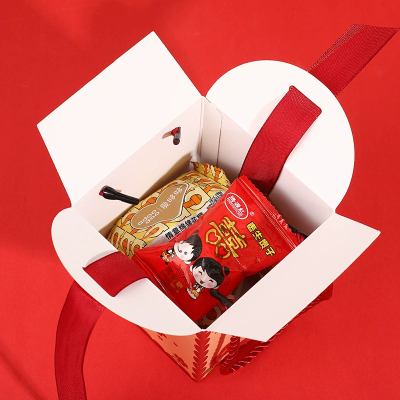 Wedding candy box, "There Is Happiness in My Family", folded, with ribbon & handle, 8×8×9 cm