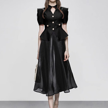 2024夏季新款欧美走秀款轻奢女装设计感黑色礼服裙套装女1432